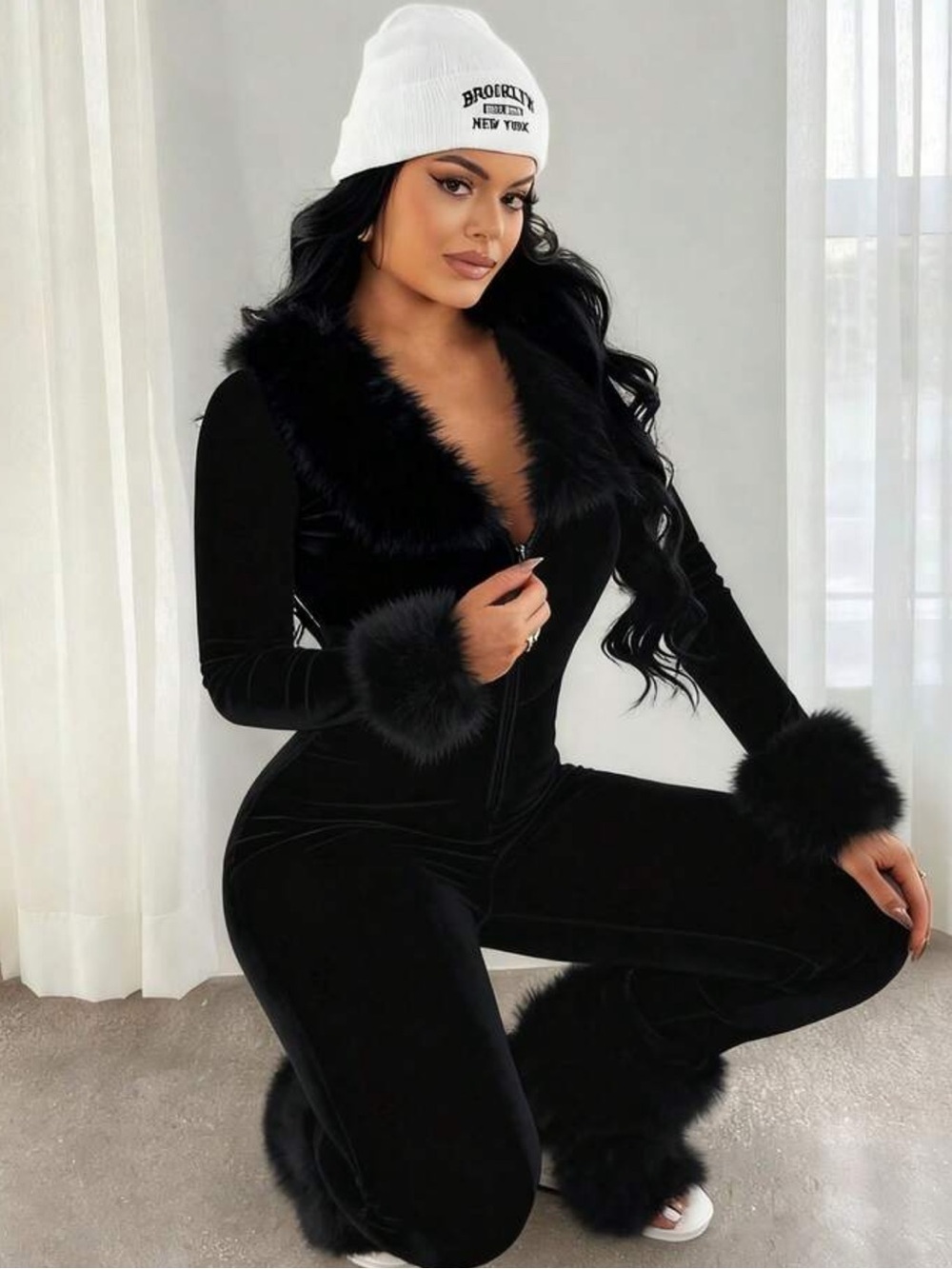 SXY Women's Solid Color Patchwork Faux Fur Zipper Front Long Sleeve Jumpsu